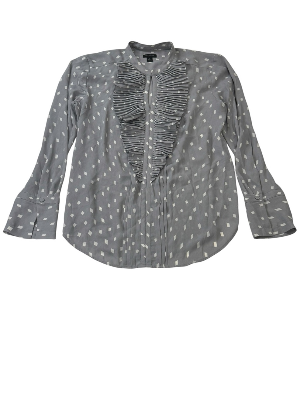 Ann Taylor Gray Diamond Print Ruffle Front Blouse Size Small Womens